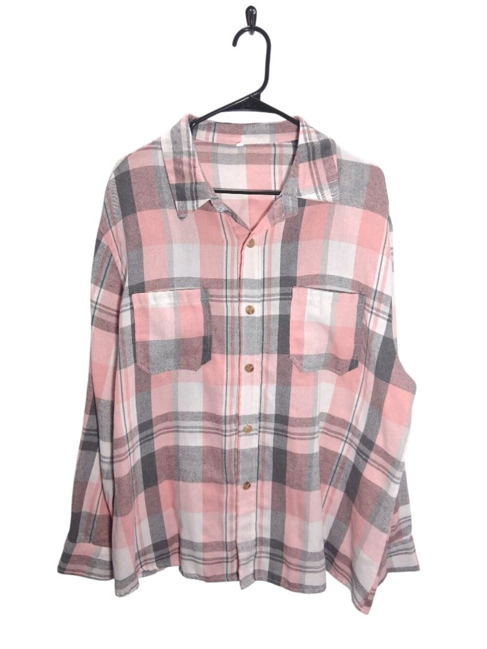Pink & Gray Plaid Button-Up Flannel Shirt 2XL Long Sleeve Casual Womens Top